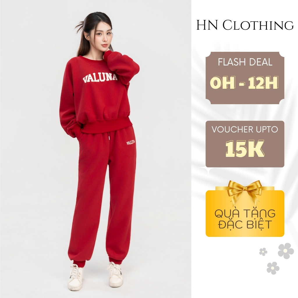 Set nỉ nữ in chữ dáng rộng, bộ đồ nỉ nữ cổ tròn quần bo gấu mặc nhà đi chơi HN Clothing DB1