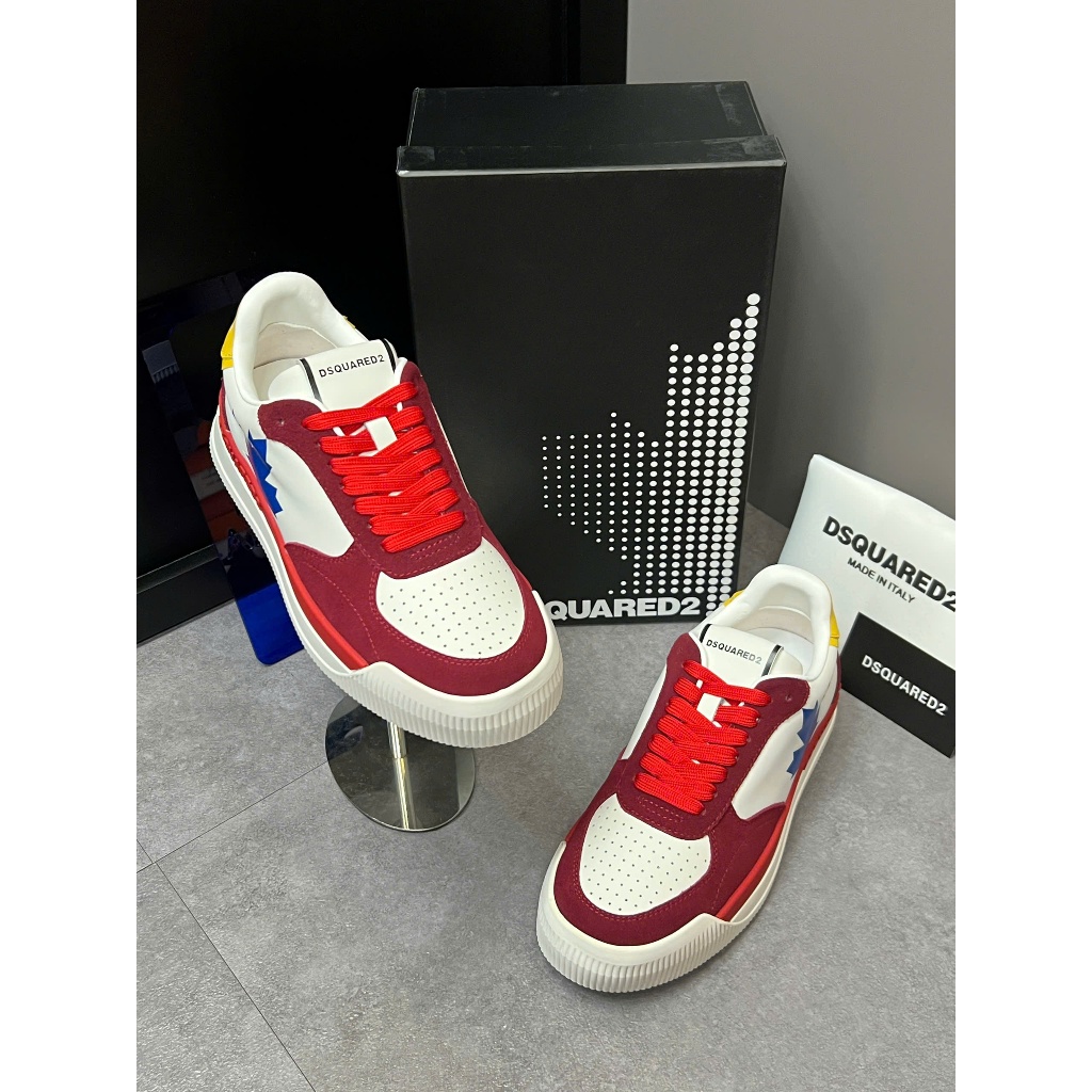 Giày dây Snk Dsquared2 màu đen dệt vân chữ màu đỏ monogram thêu vạch sọc ngang quai đế cói pha cao s