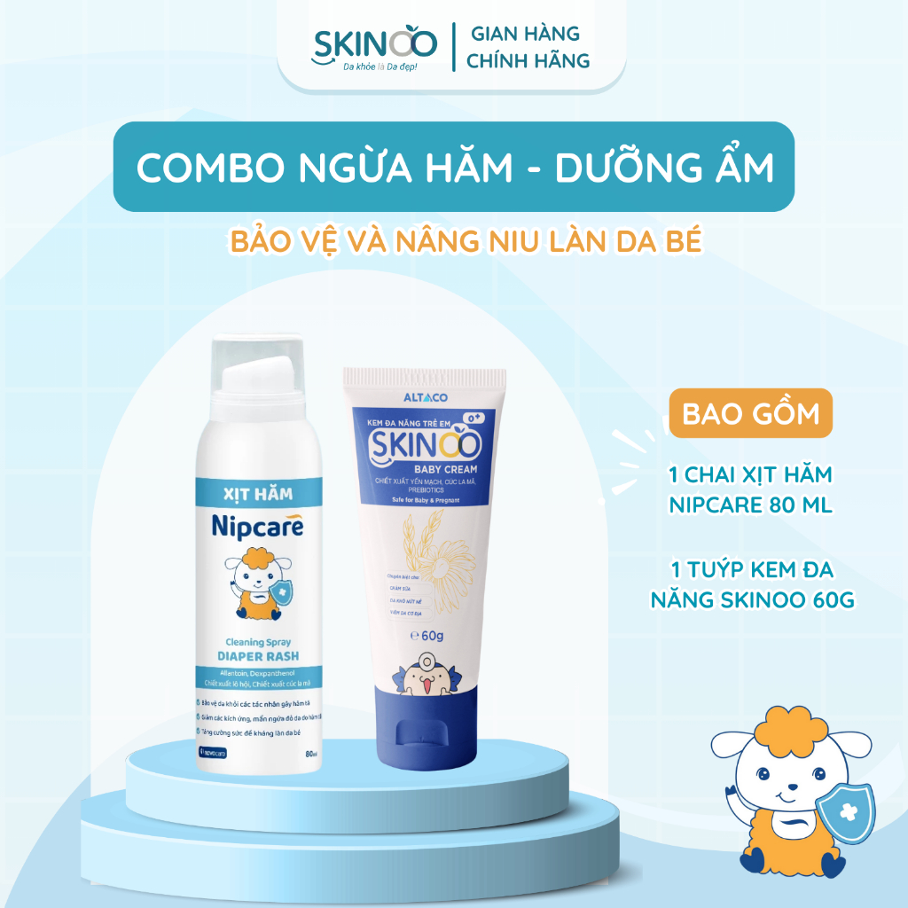 Combo xịt hăm Nipcare & kem dưỡng ẩm đa năng Skinoo, chăm sóc da bé hàng ngày