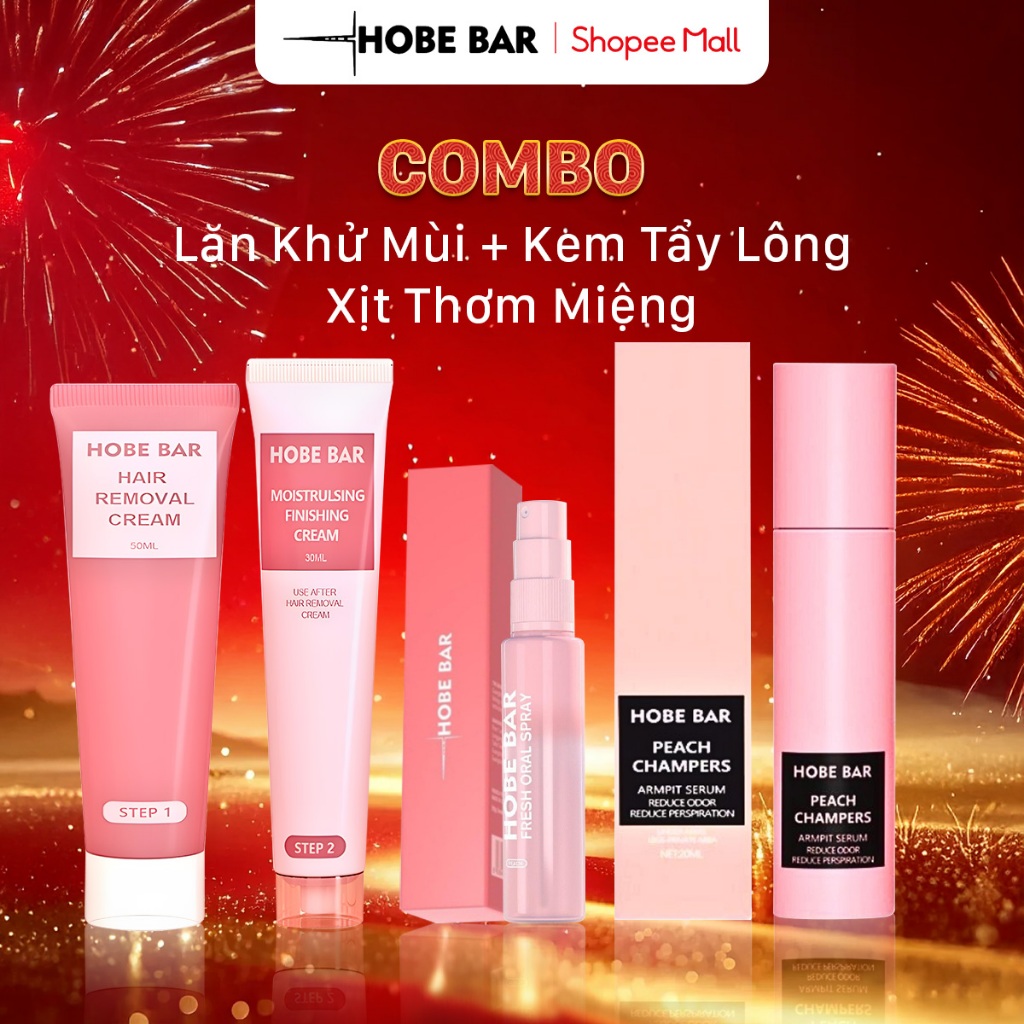 Combo Lăn Khử Mùi 20ML + Kem Tẩy Lông 50g + Xịt Thơm Miệng 20ML HOBEBAR Chăm Sóc Cơ Thể Hoàn Hảo