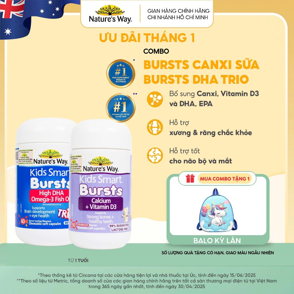 Combo Kẹo Dẻo Nature's Way Kids Smart Calcium + Vitamin D3 Burstlets và Viên Dầu Cá Nature's Way Ome