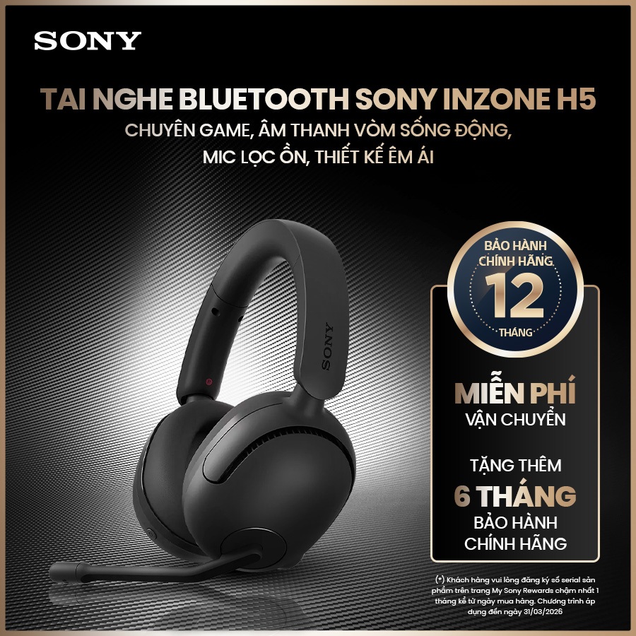 Tai nghe bluetooth Sony INZONE H5 chuyên game, âm thanh vòm sống động, mic lọc ồn, thiết kế êm ái