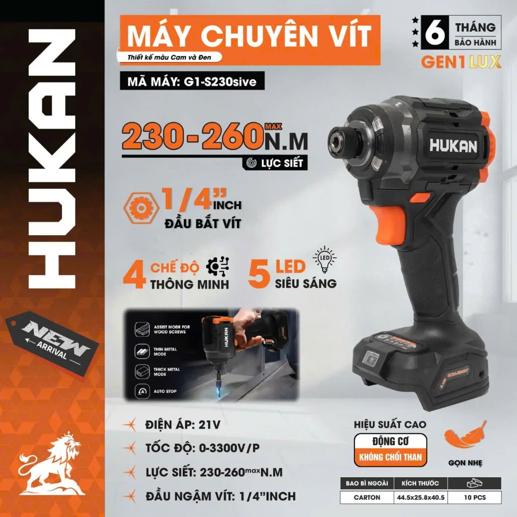 Máy Chuyên Vít Búa HUKAN S230Sive, Lực Siết 230–260Nm Max, 4 Tốc Độ, 4 Chế Độ