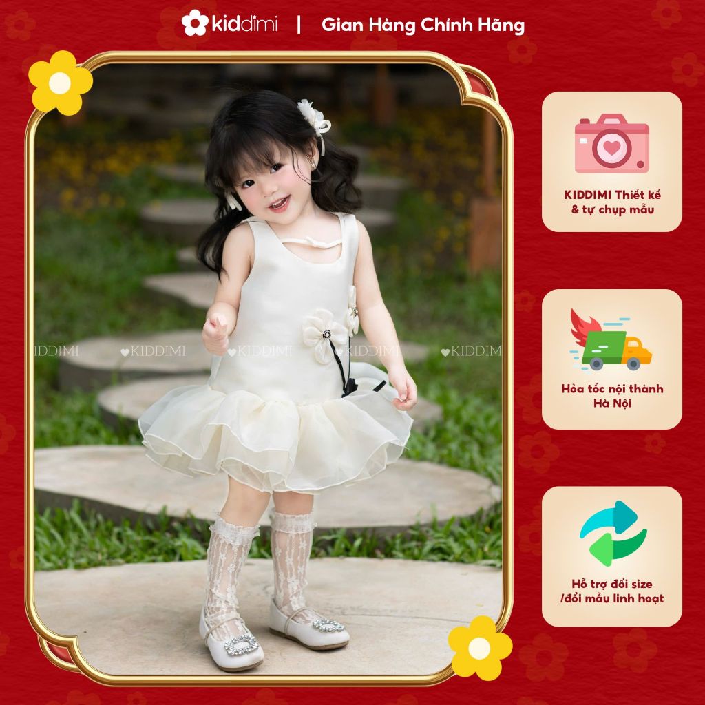 (Chính hãng KIDDIMI) Váy công chúa bồng bềnh MÀU KEM đính hoa cho bé gái - BALE DRESS