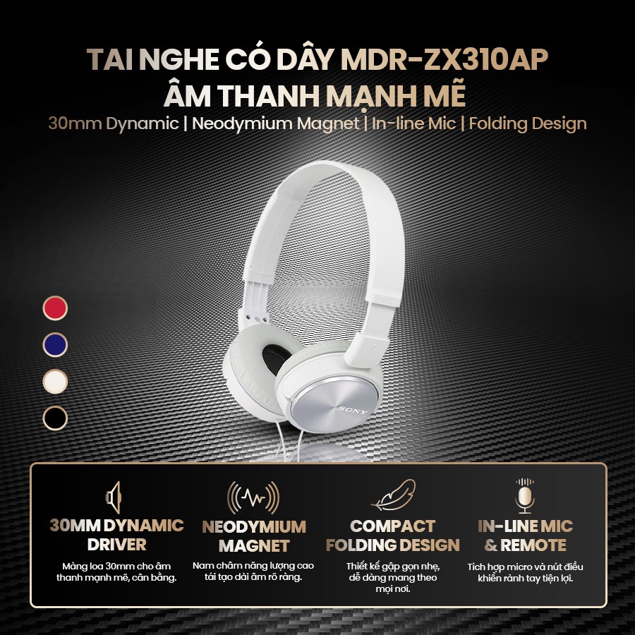 Tai nghe có dây Sony MDR-ZX310AP thiết kế gập gọn, màng loa Neodymium cho âm thanh mạnh mẽ, chuẩn âm | BigBuy360 - bigbuy360.vn