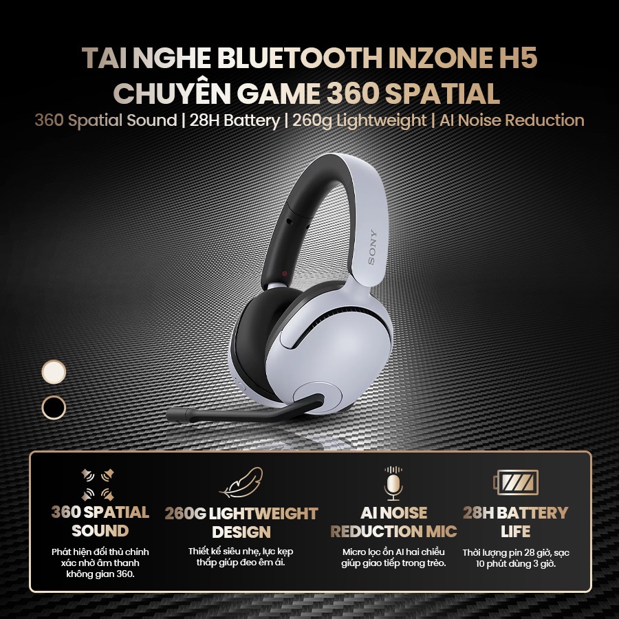 Tai nghe bluetooth Sony INZONE H5 chuyên game, âm thanh vòm sống động, mic lọc ồn | BigBuy360 - bigbuy360.vn