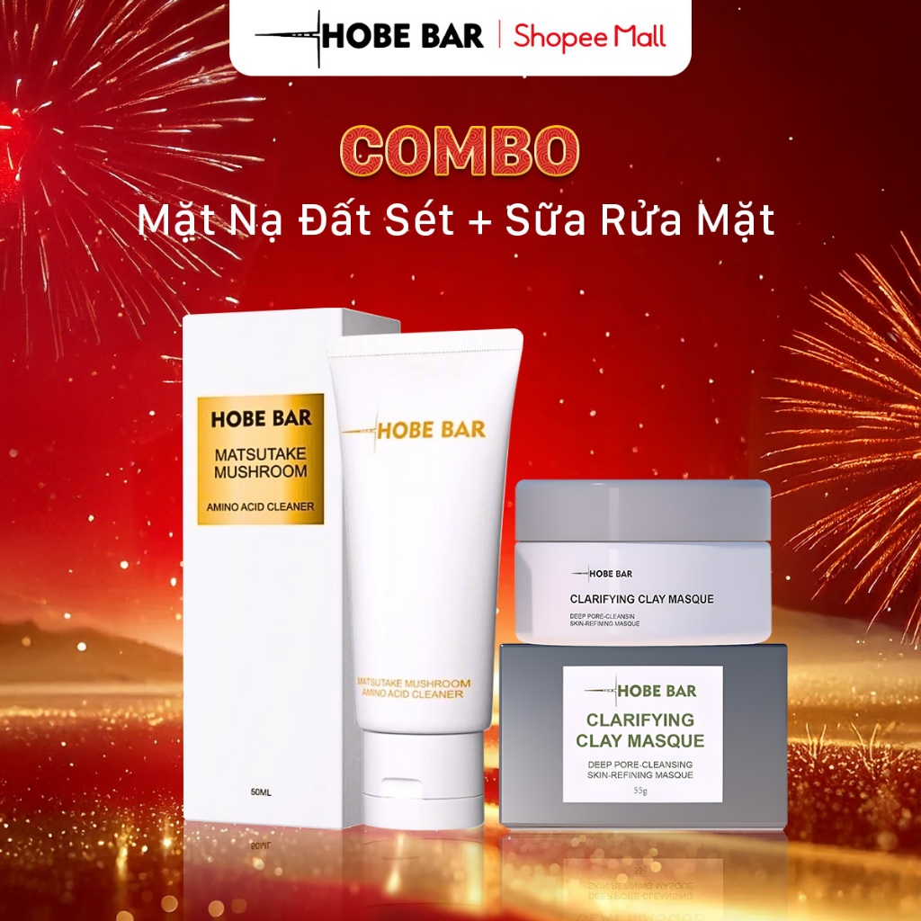 Combo Mặt Nạ Đất Sét 55G + Sữa Rửa Mặt 50ML HOBEBAR Làm Sạch Sâu Lỗ Chân Lông Cấp Ẩm Cho Làn Da Chắc