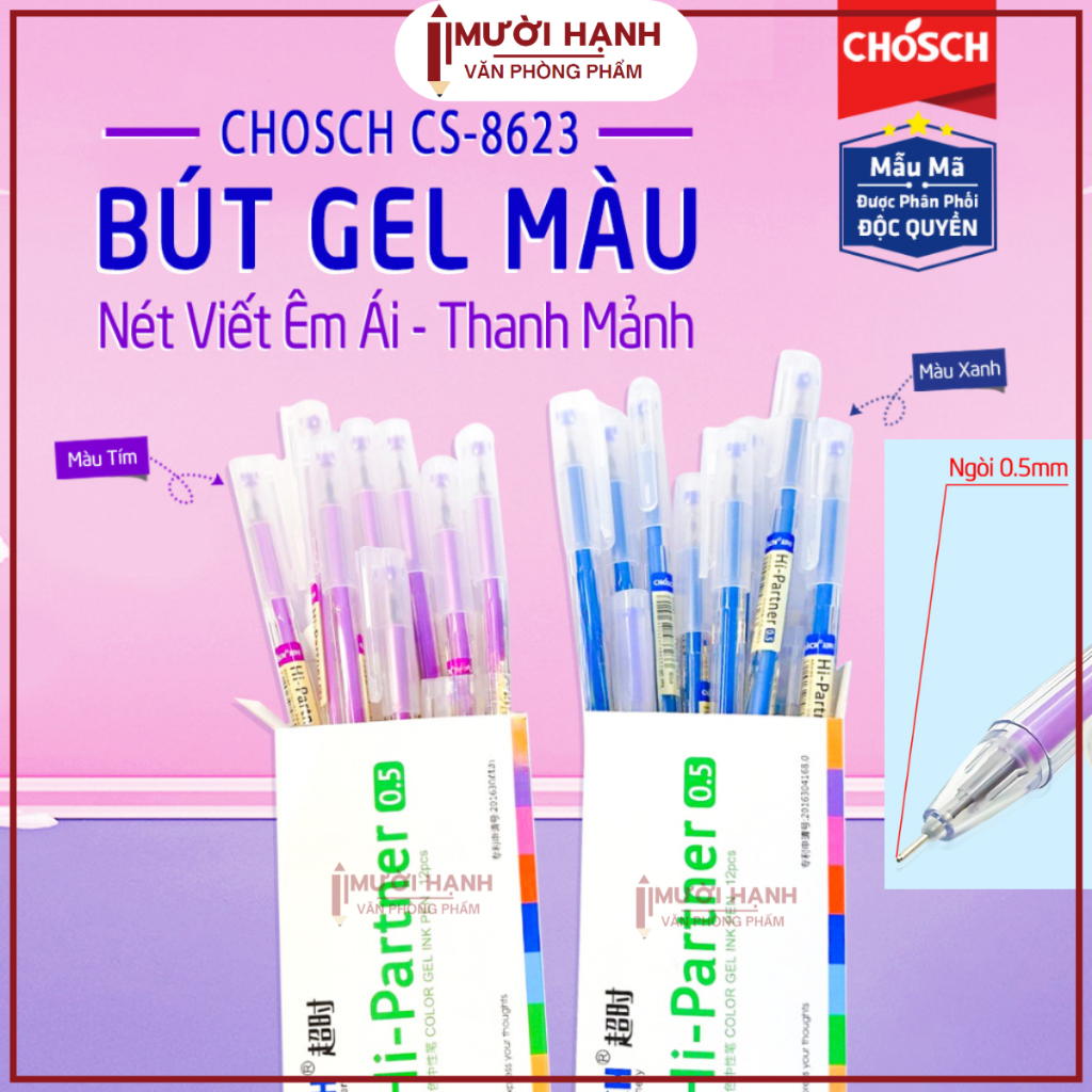 [CS8623] HỘP 12 Cây Bút Viết Gel Nước Chosch Hi-Partner CS-8623/ CS 8623 Ngòi Kim Nhỏ 0.5mm, Nét Êm,