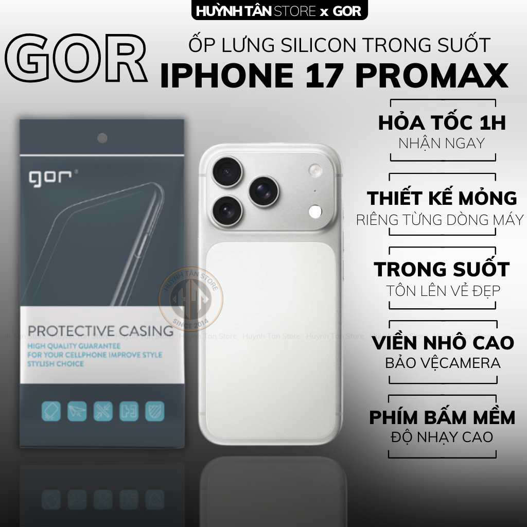 Ốp lưng đt iphone 17 pro max ip 17 promax silicon hãng GOR trong suốt dẻo ôm sát máy giữ nguyên màu