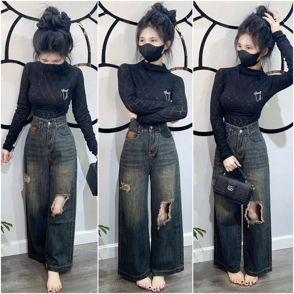  [M23] QUẦN JEAN SUÔNG NẤM TRƠN BASIC RÁCH Ô VUÔNG KIỂU GỐI - STORE BASIC