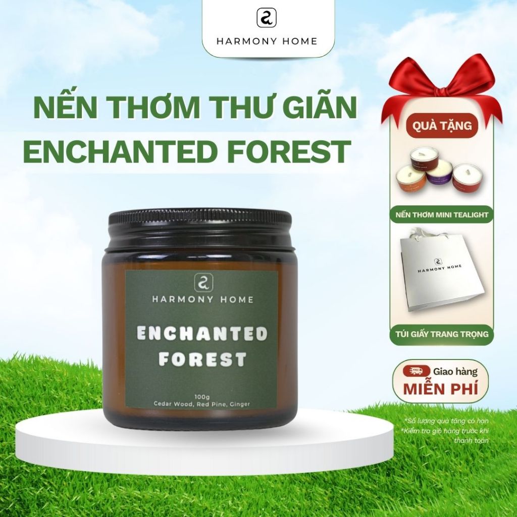 Nến thơm Enchanted Forest [A] Harmony Home - Hương Gỗ Tuyết Tùng, Thông Đỏ, Gừng,100g, sáp tự nhiên