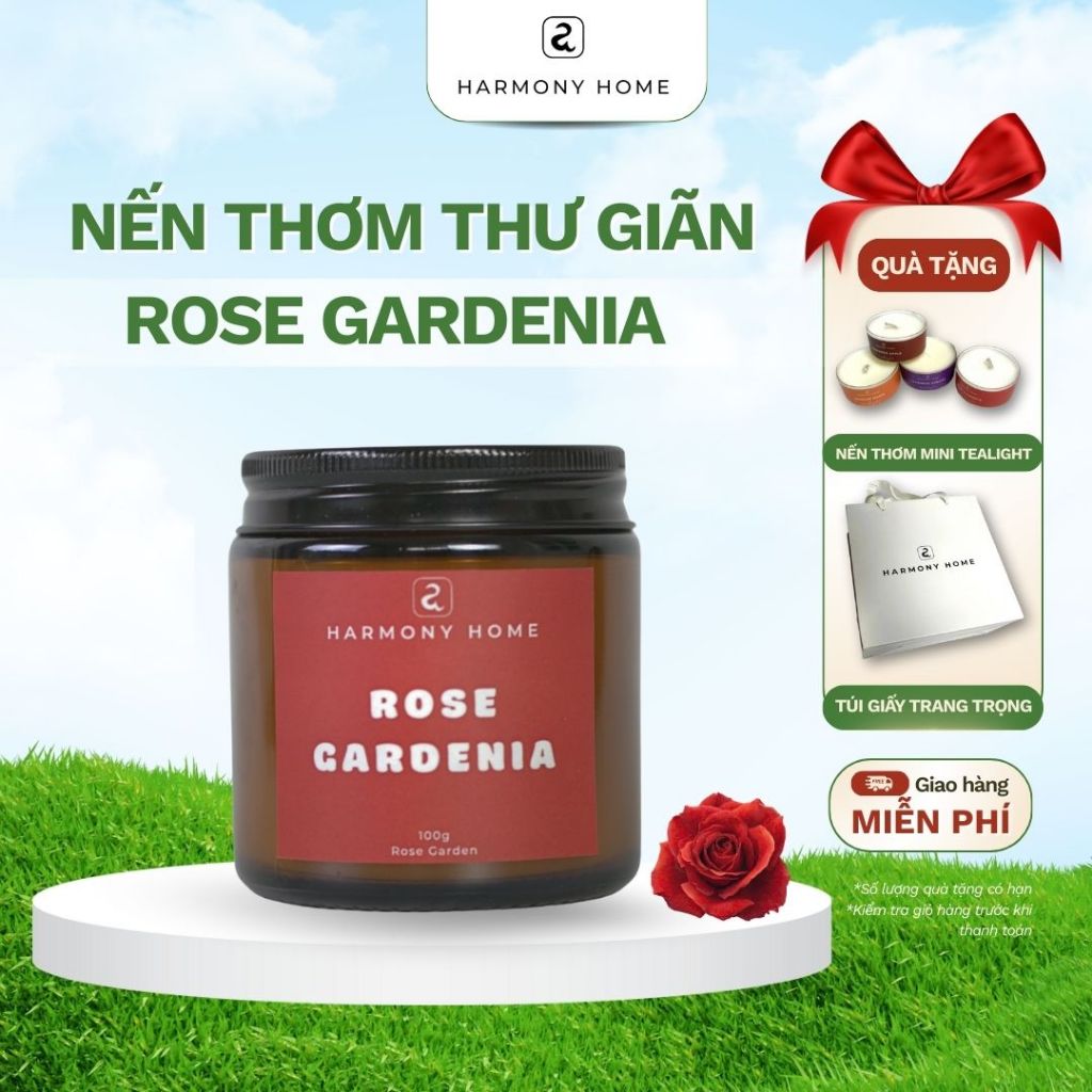 Nến thơm Rose Gardenia [A] Harmony Home - Hương hoa hoa hồng nhập khẩu,100g, sáp tự nhiên