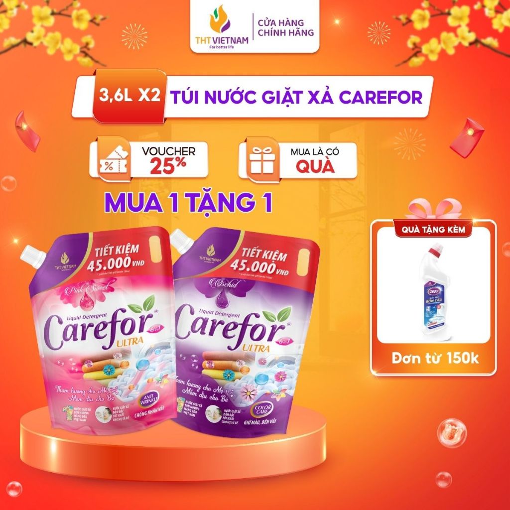 Combo 2 Túi Nước Giặt Xả Carefor Túi 3,6 Lít Hương Hoa Lan, Hoa Hồng Thơm Lâu Mềm Sợi Vải