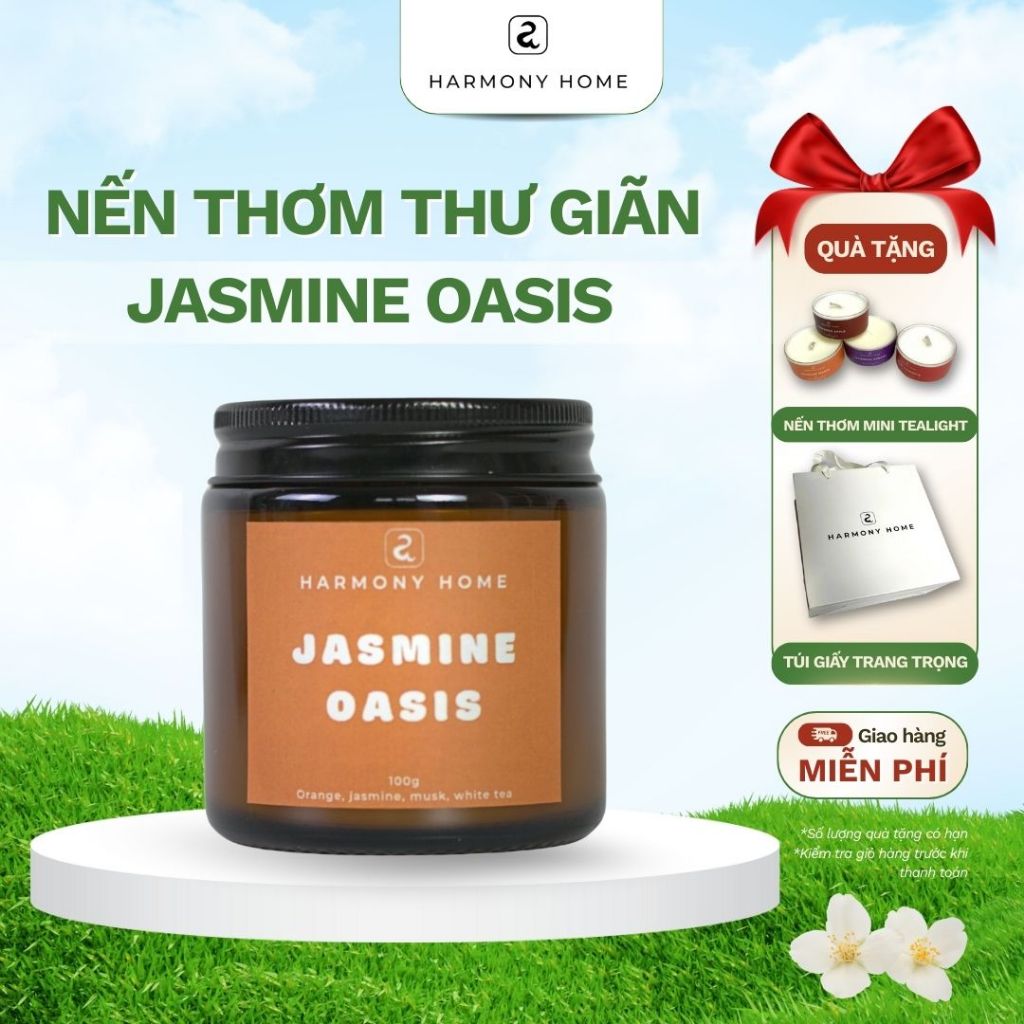 Nến thơm Jasmine Oasis [A] Harmony Home - Hương Cam, Hoa Nhài, Xạ Hương và Bạch Trà,100g
