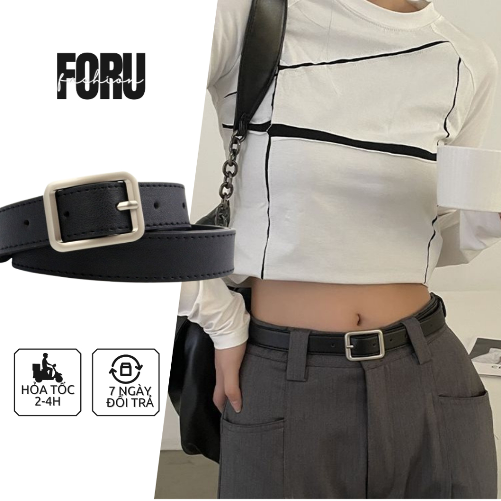 Thắt lưng nữ nam Foru mặt chữ nhật đơn giản style Trung, dây nịt lưng Douyin bản nhỏ da pu TL17