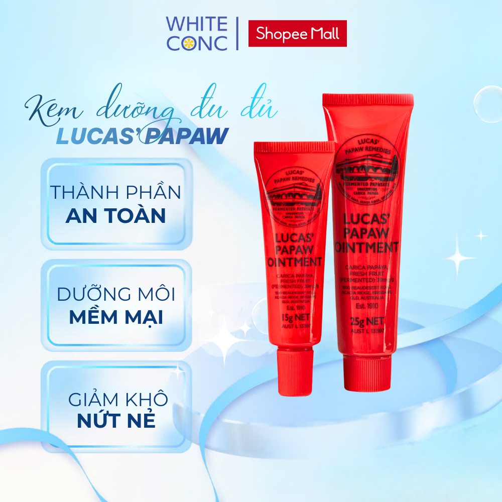 Kem dưỡng môi đu đủ Lucas Papaw White Conc giúp dưỡng môi giảm khô nứt da Tuýp 15g, 25g