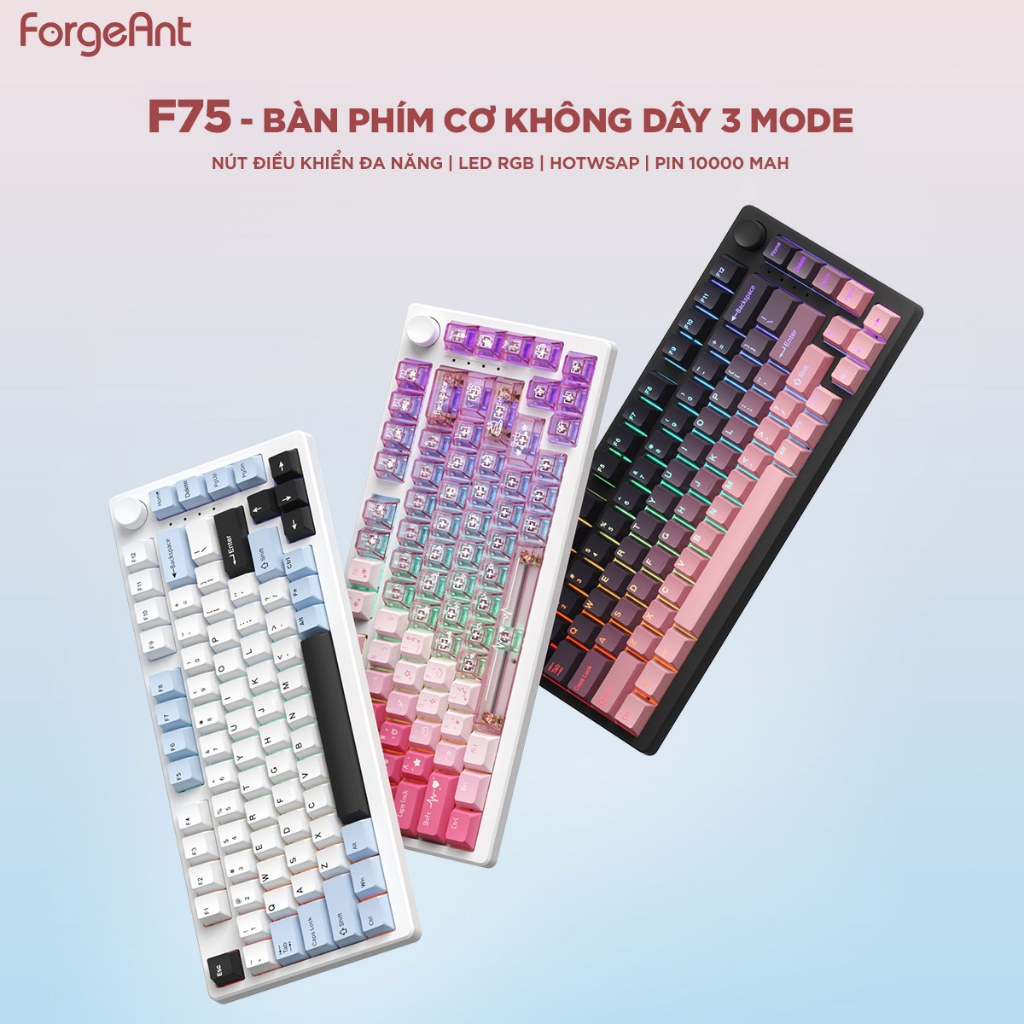 Bàn phím cơ Không dây F75 Bluetooth có dây K87/81/68 phím LED RGB cho máy tính/laptop ipad Pin Sạc 5 pin HOTSWA 3 Mode