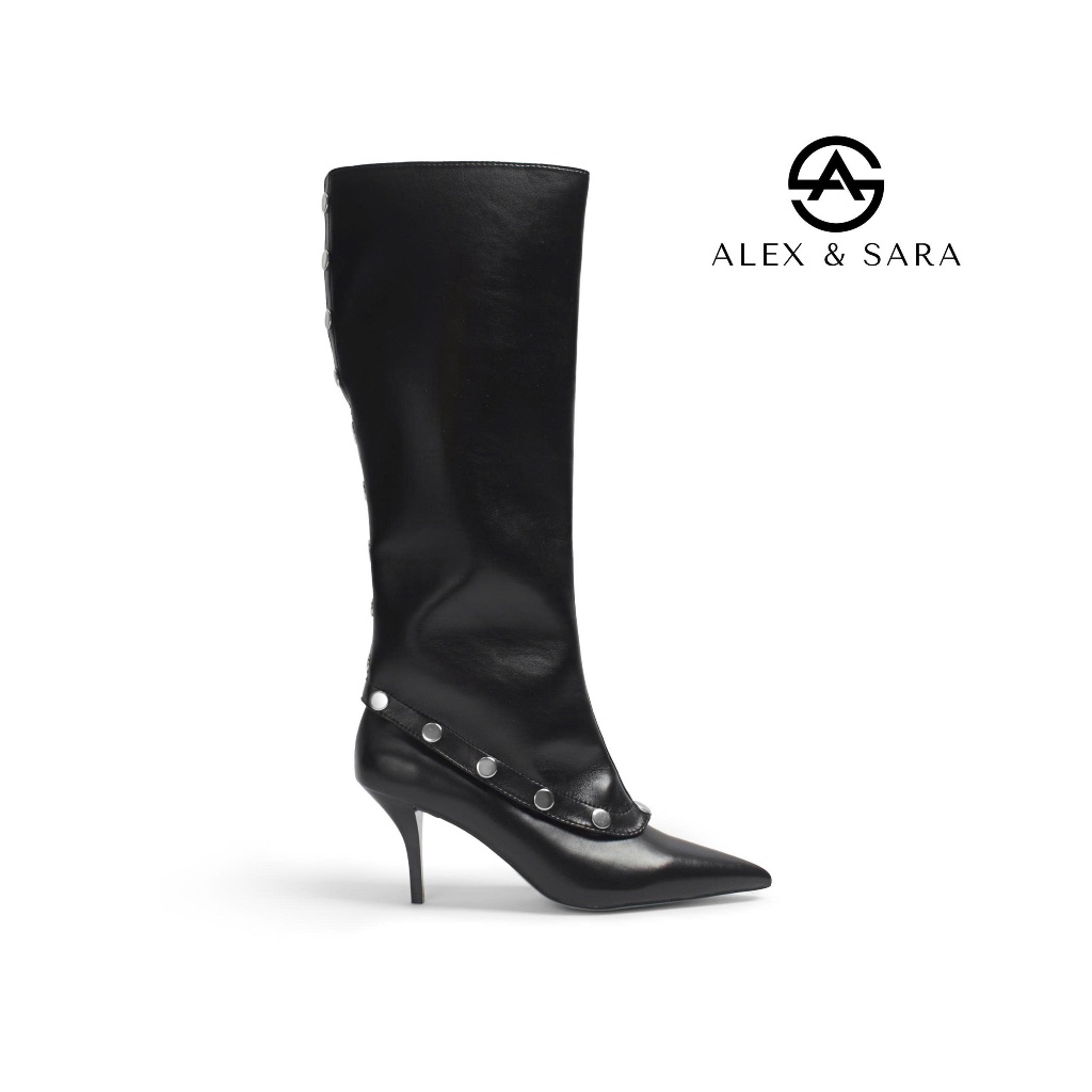 LT142 - Bốt Cao Cổ Nữ Alex & Sara 2 Trong 1 - Giày Boot Đùi Da/Lộn Gót Nhọn Đính Khuy Bấm Tháo Rời C