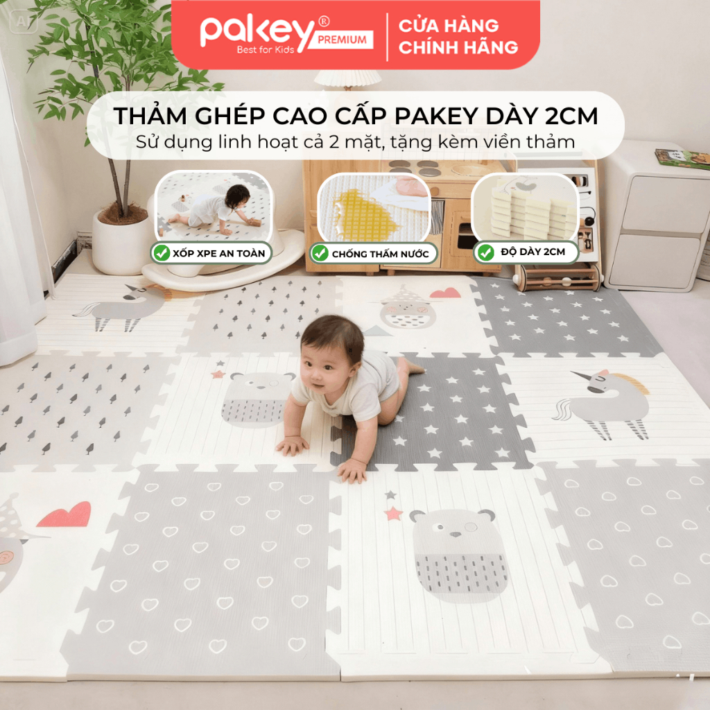 Thảm Ghép Miếng Lót Sàn Dày 2cm PAKEY Siêu Êm Cho Bé Tập Bò, Tập Đi, Thảm Xốp Cao Cấp 2 Mặt Xinh Xắn