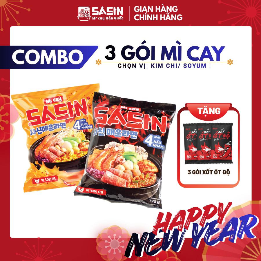 Mì Cay Sasin (Combo 3 gói mì + 3 gói ớt độ) (Chọn vị)