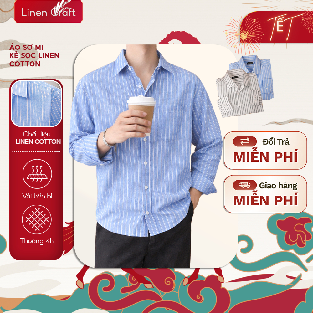 Áo sơ mi nam tay dài linen cotton kẻ sọc trắng, blue – Linen Craft