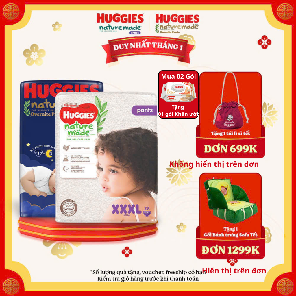 Tã / bỉm quần / dán Huggies Platinum Nature Made, OVN đêm NB/ S/M/ L/ XL/2XL