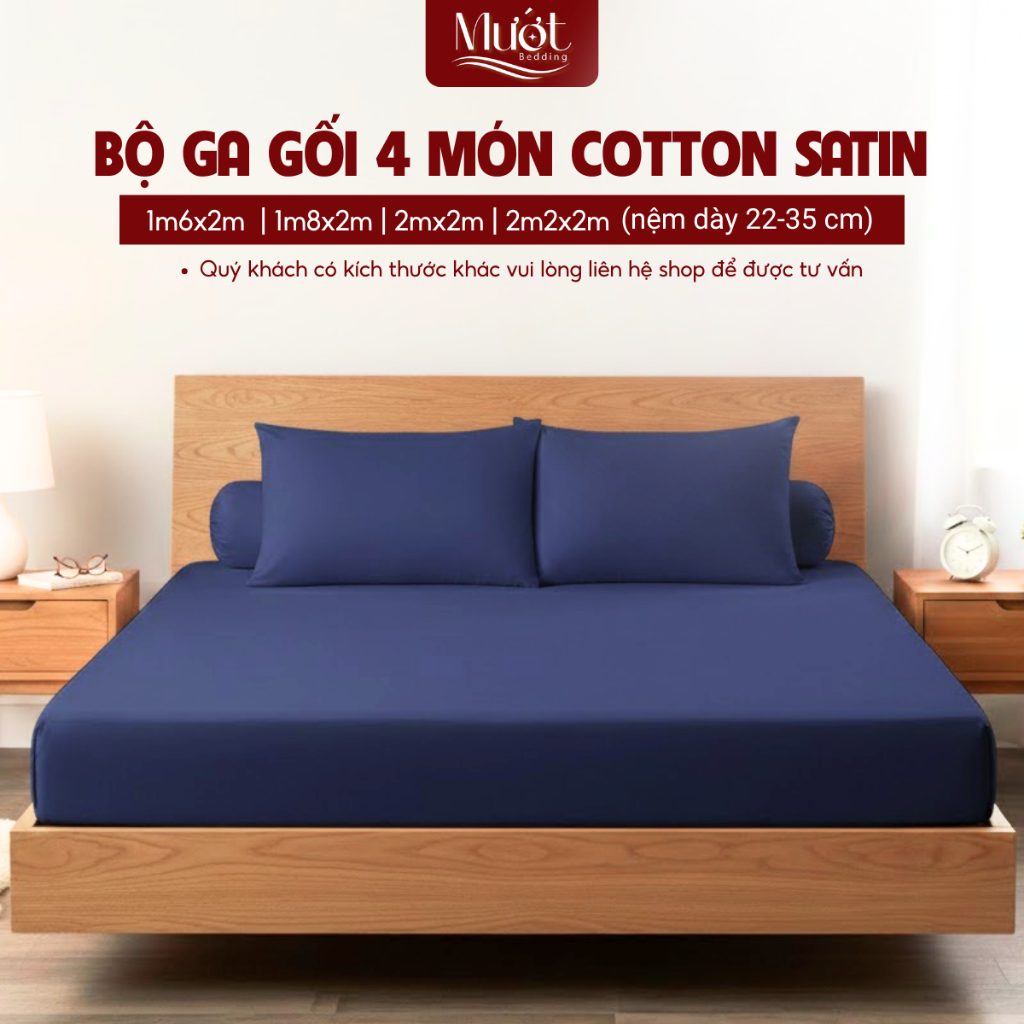 Bộ ga gối 4 món nệm size 1m6x2m, 1m8x2m, 2mx2m, 2m2x2m (Dày 23-35cm) Cotton Satin Mướt Bedding cao c