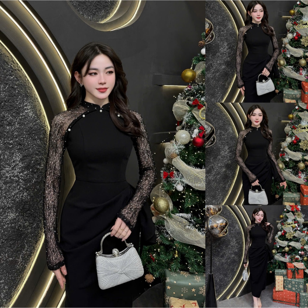 VK99 - Váy Thiết Kế Evii dành cho nữ, Đầm thiết kế cổ yếm phối ren lưới đá ép nhiệt dáng bút chì xuô