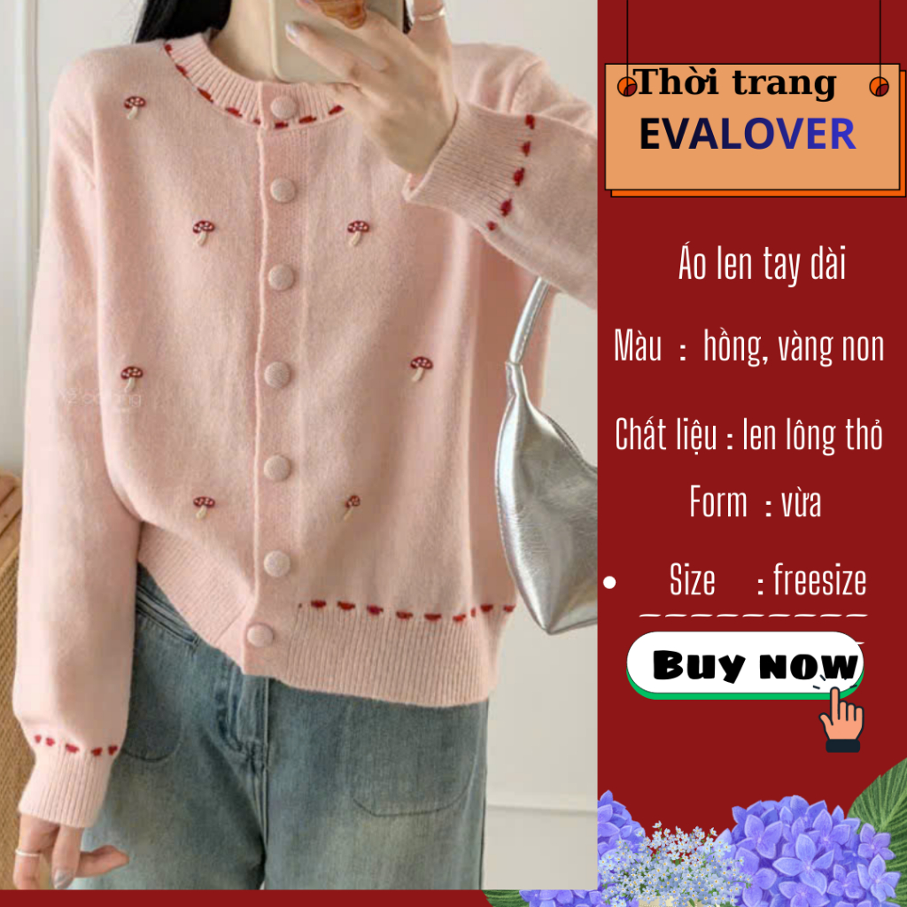 Áo len Cardigan họa tiết nấm phối viền nữ cổ tròn chất dệt kim Eva lover hàn quốc vàng và hồng 113
