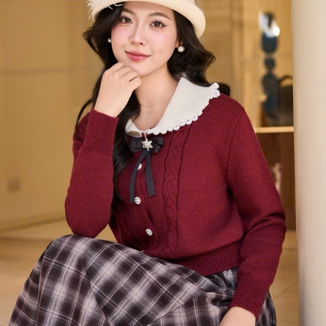 Áo len Cardigan nữ cổ sen đính nơ Eva lover chất len dày dặn màu đỏ, xanh than, ghi 1131