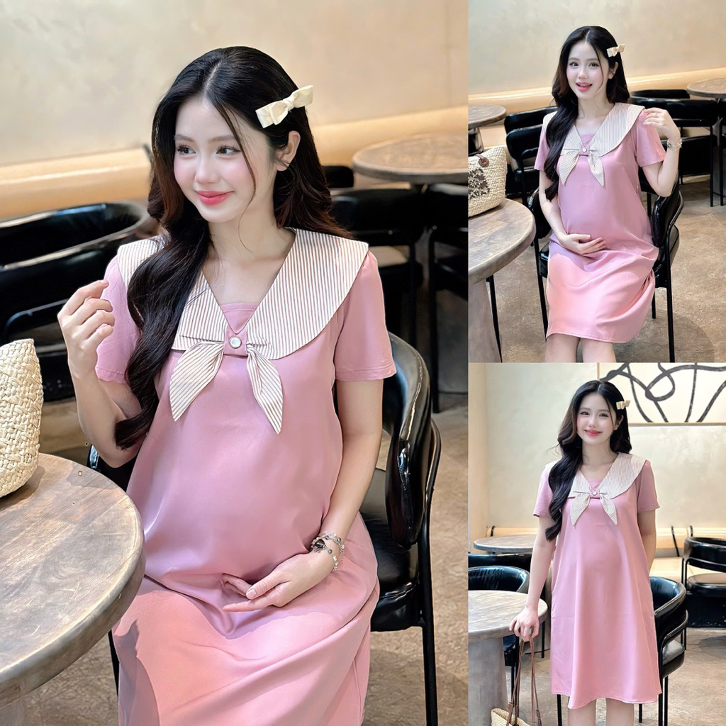 EVERMOM l Đầm bầu Nabi công sở vải trơn phối cổ sen sọc kết nơ form đuôi cá.