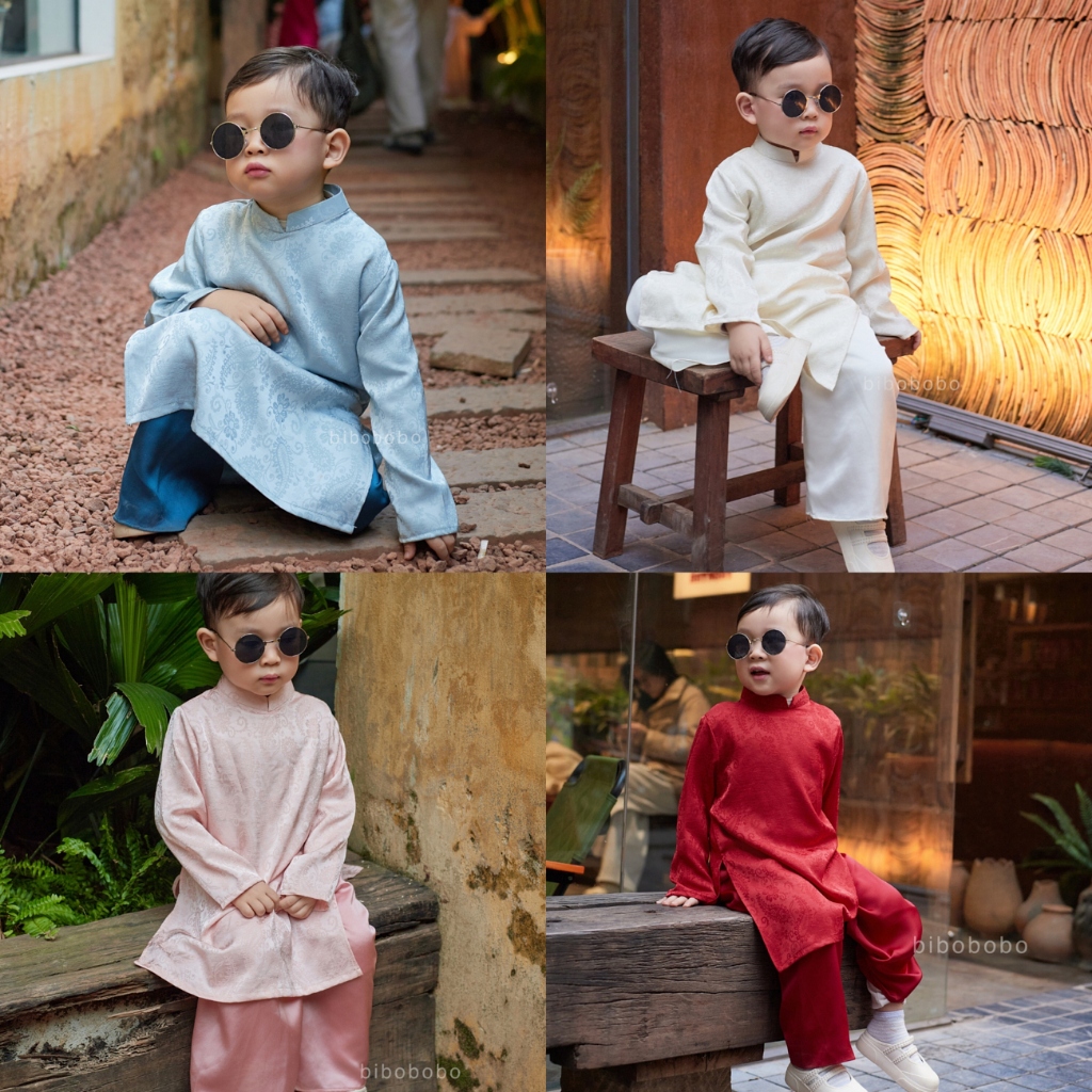 [ ÁO DÀI BIBIBOBO 2026 ] Set Áo Dài Bé Trai Gấm Lụa Cao Cấp  Hoạ Tiết Đuôi Công - Bibibobo