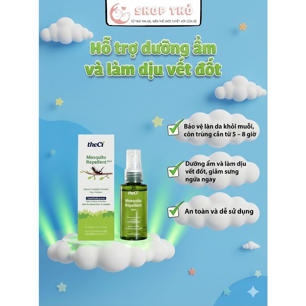 Xịt Muỗi theCi Cho Bé Mosquito Repellent Spray Đuổi Muỗi Ngăn Côn Trùng 50ml, Xịt Chống Muỗi Cho Bé Ngăn Côn Trùng