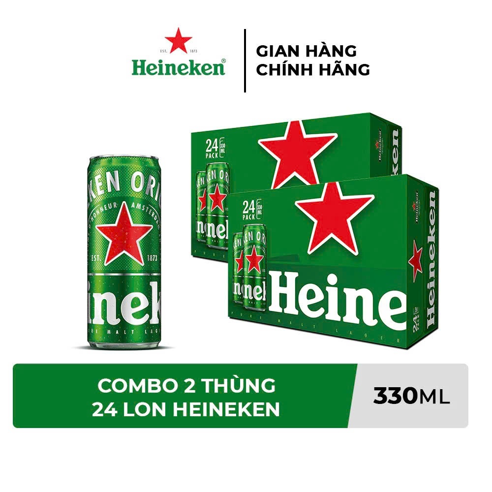 COMBO 2 Thùng 24 Lon bia Heineken 330ml/lon xanh. ĐỘ CỒN 5%.