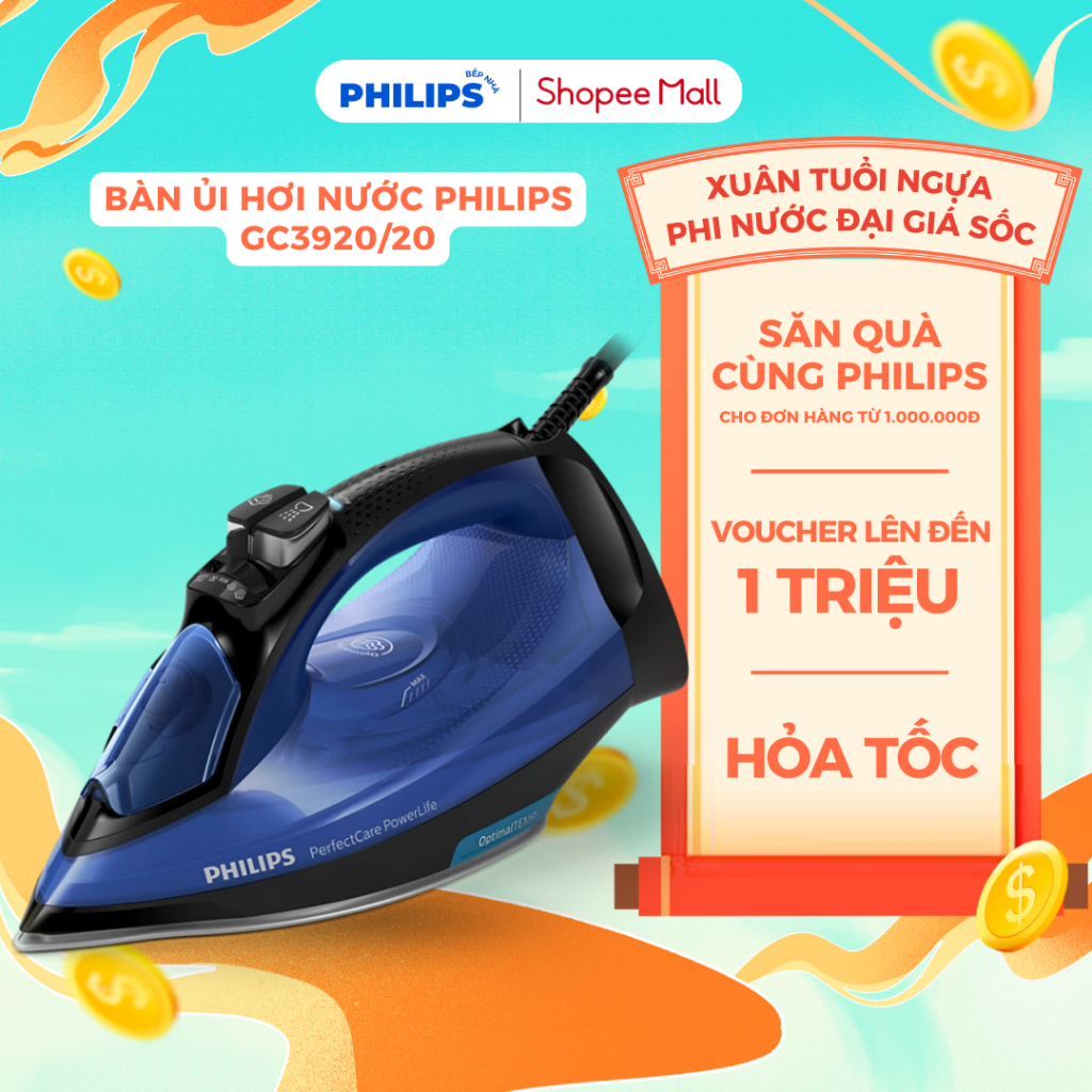 Bàn Ủi Hơi Nước PHILIPS GC3920/20 (2500W) Bàn Là Tự Điều Chỉnh Nhiệt, Tự Ngắt Điện, Chống Cháy