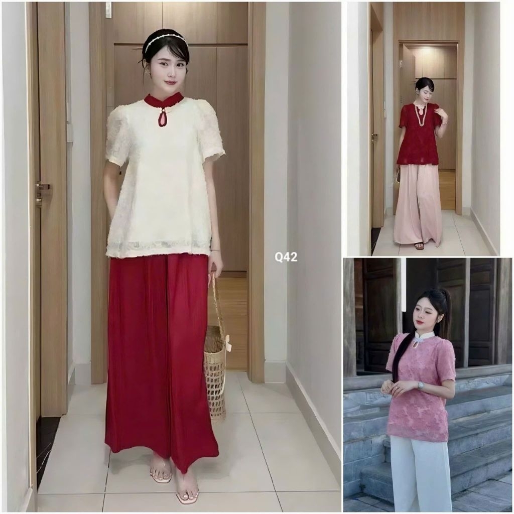 Bo thiet ke Set áo tơ lông vũ 2 lớp kèm quần tuyết nhung có túi 3 màu y hình Q42 Xinh lung linh Anhm