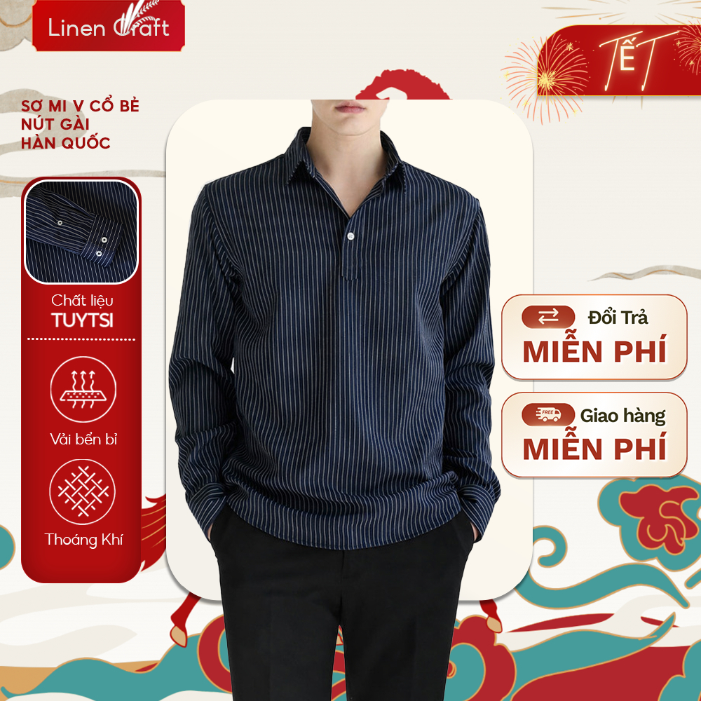Áo sơ mi nam tay dài cổ chữ V sọc chỉ cao cấp | Tuysi cao cấp – Phom đứng nhẹ, mềm mát – Linen Craft