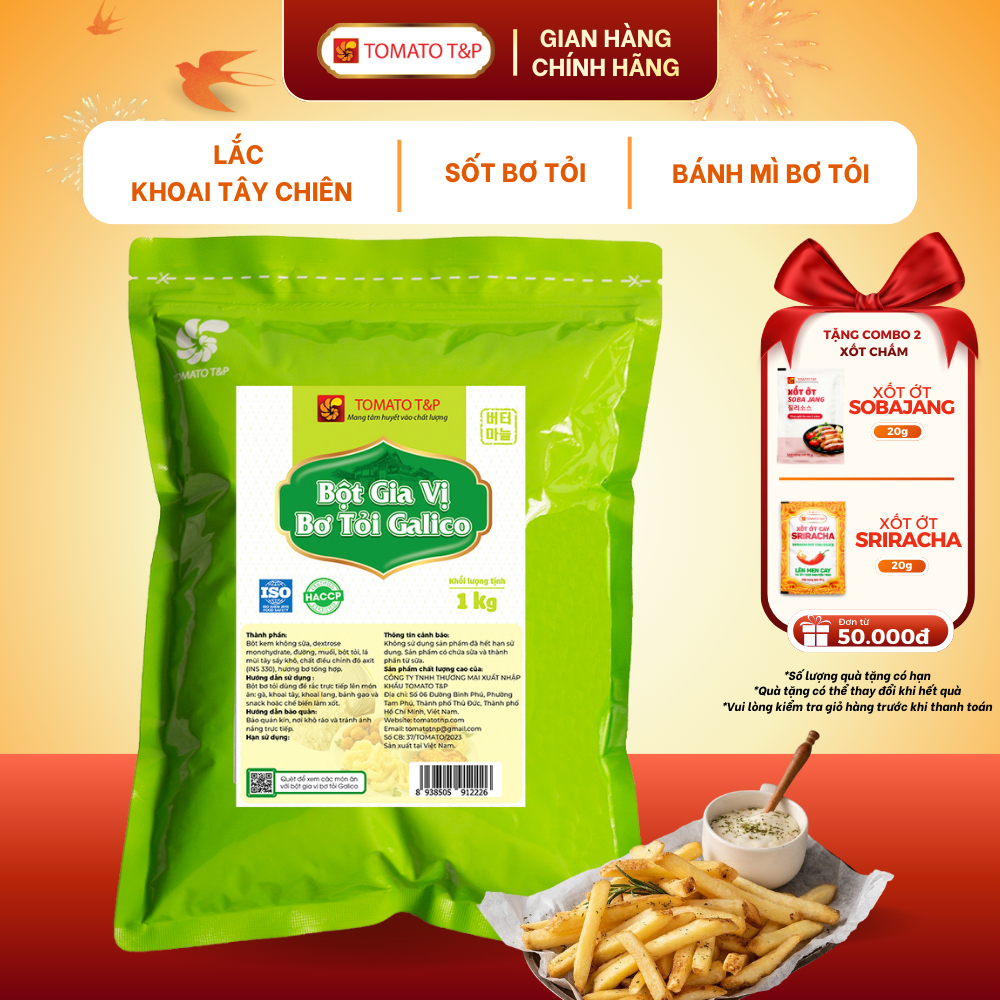 Bột Bơ Tỏi Galico - Gói 1Kg - Tomato T&P dùng để lắc khoai tây, sốt bơ tỏi, bánh mì bơ tỏi
