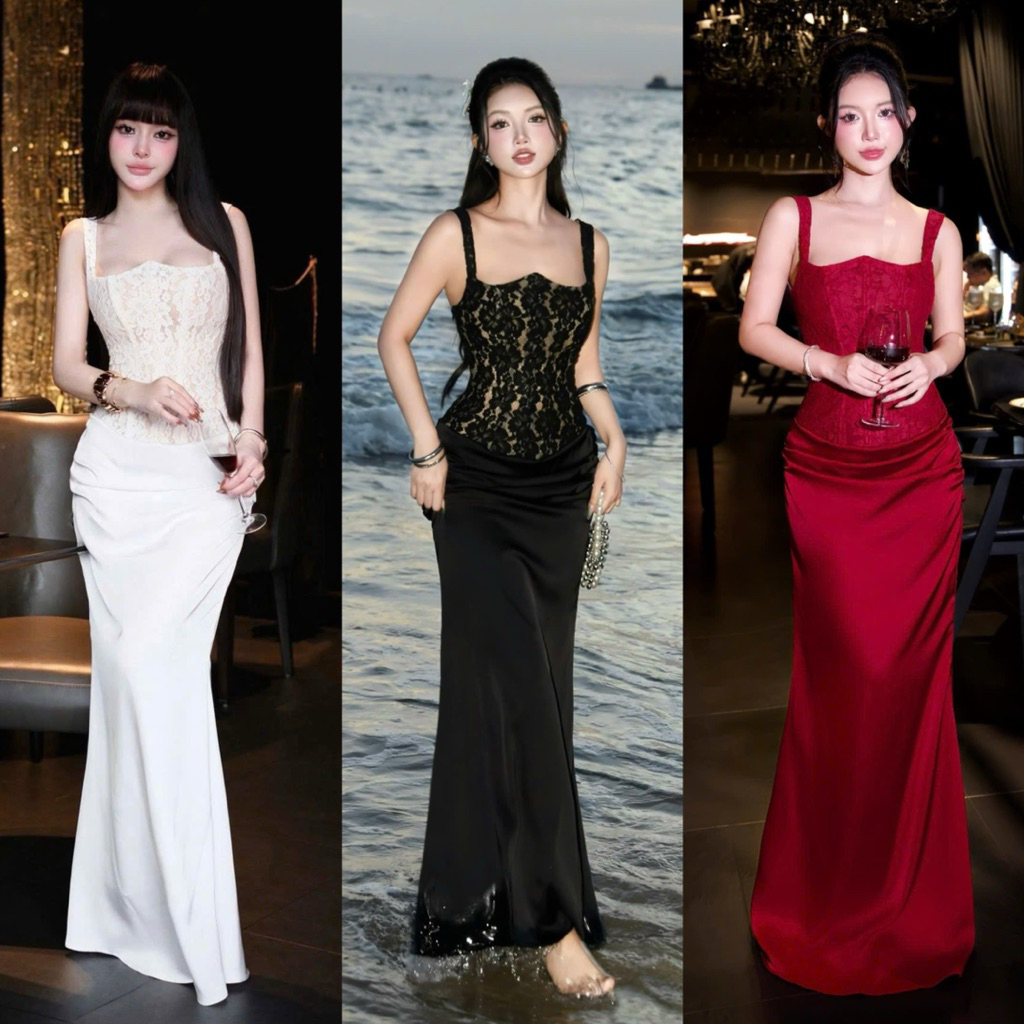 Đầm 2s lụa dài corset phối ren Size S-M-L 850k