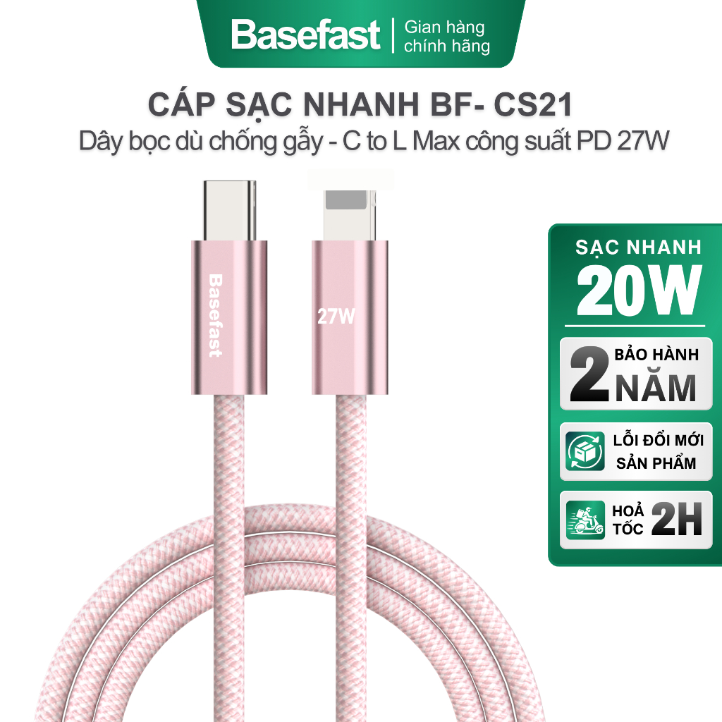 Cáp sạc nhanh 20W Basefast dùng cho Phone 14 13 12 11 Xsm Xr XS dây dù PD27w siêu bền dài 1m 2m