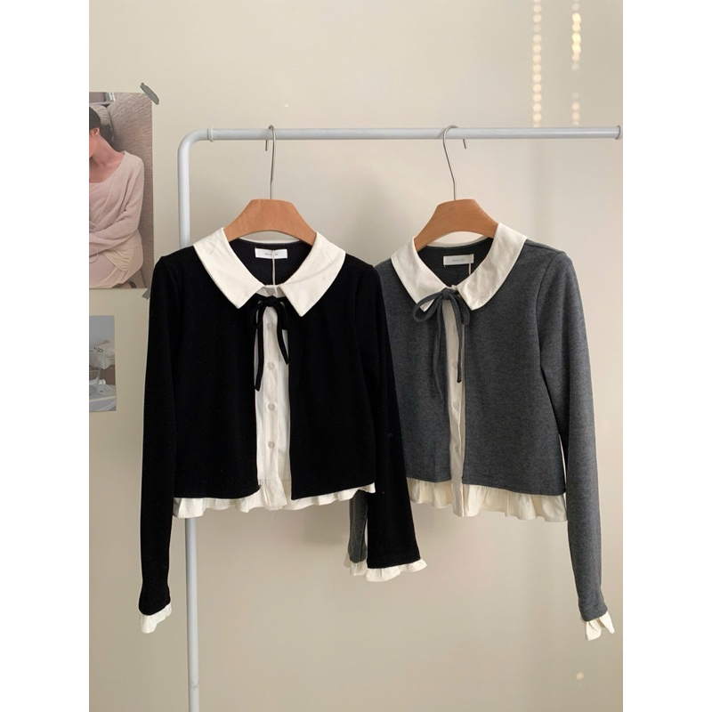 Áo viền bèo phối cổ sơ mi buộc nơ dáng ngắn phong cách Hàn Quốc 🇰🇷 miss lin | chen clothing