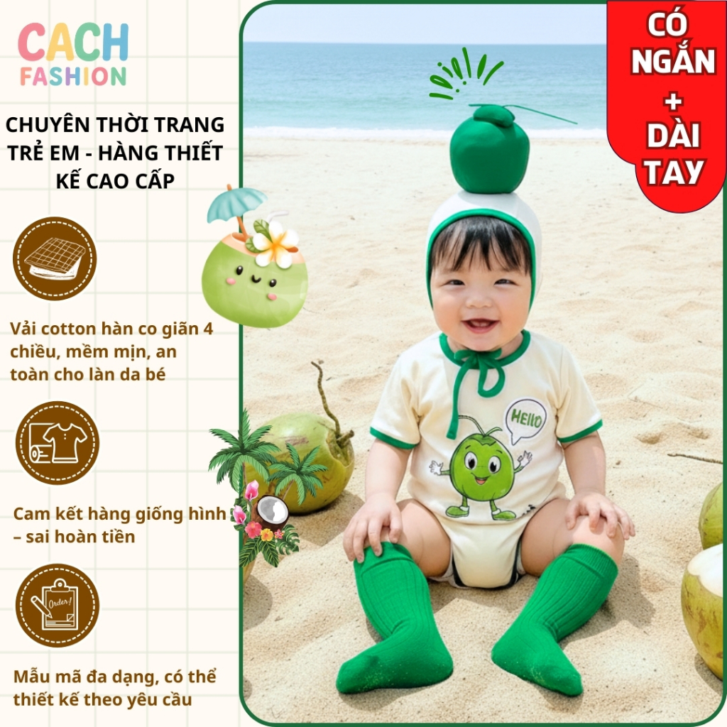 Set bodysuit kèm mũ hình quả DỪA style IKII Hàn Quốc, bodychip cho bé 0-24 tháng, thôi nôi đầy tháng