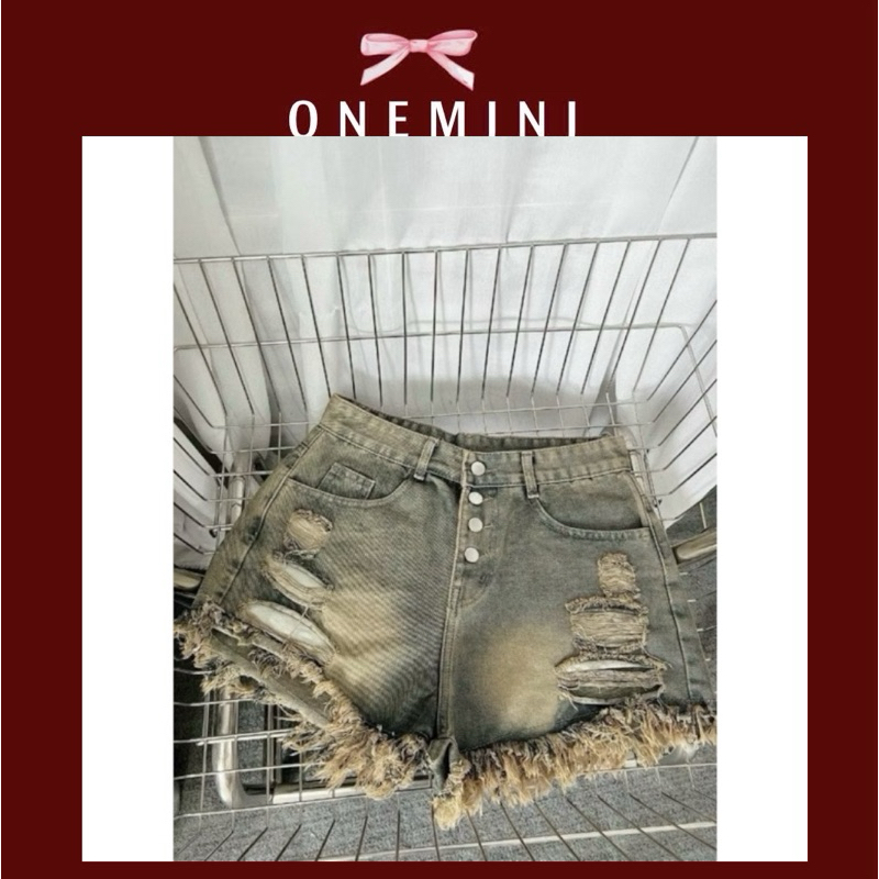 Quần short jean 4 nút rách tua lai lưng cao, chất vải đẹp XANH BỤI