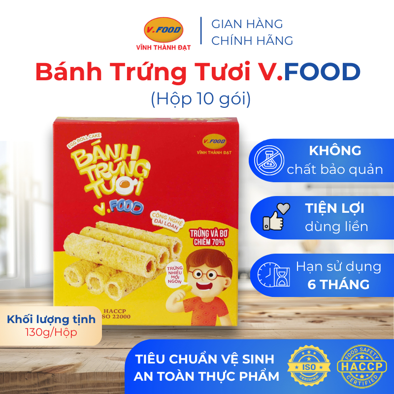 BÁNH TRỨNG TƯƠI VFOOD HỘP 10 GÓI ( 130g/ hộp), thơm ngon không chất bảo quản