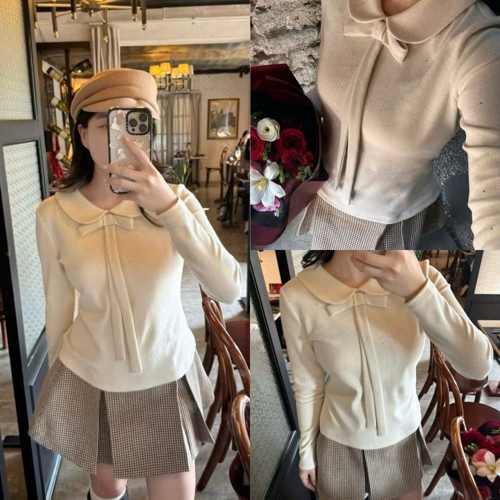 (A.05 Hàng Mới):Áo Thun Nhũ Cổ Sen Đính Nơ Dài Tay Dễ Mix Đồ Mặc Gì Cũng Đẹp-Ảnh Thật Lollaye