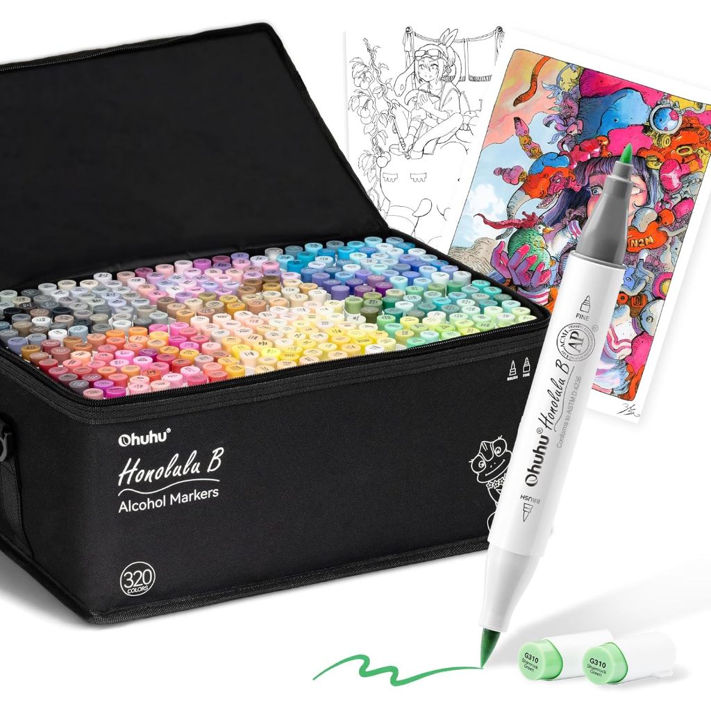 Ohuhu Marker Pen Brush Type 320 Colors Professional-Grade Illustration Marker Brush & Fine Tip Inclu
