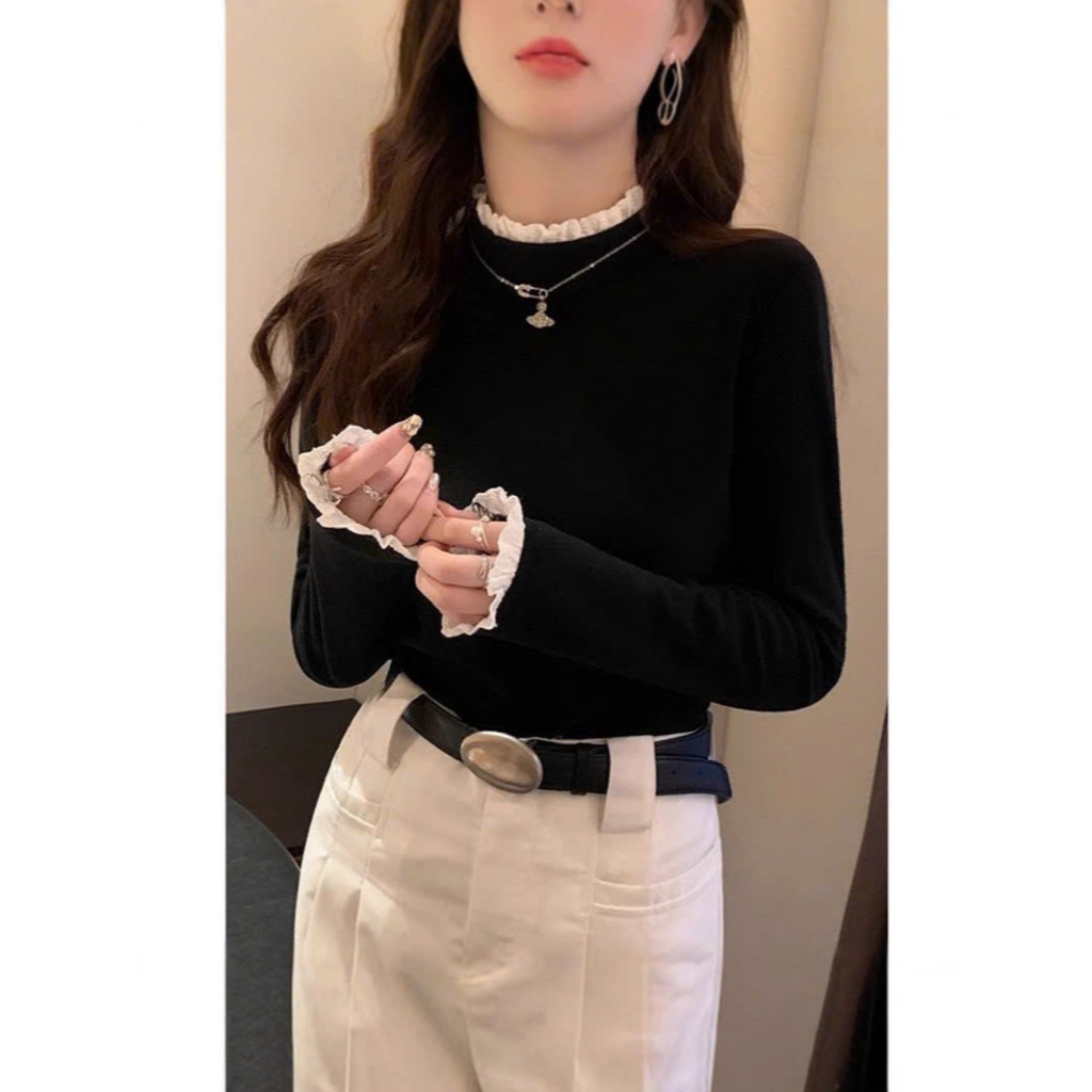 Áo giữ nhiệt nữ phối ren điệu đà áo thun nữ cổ tròn dài tay nhiều màu basic phong cách Hàn Quốc A444 PANOSI | BigBuy360 - bigbuy360.vn