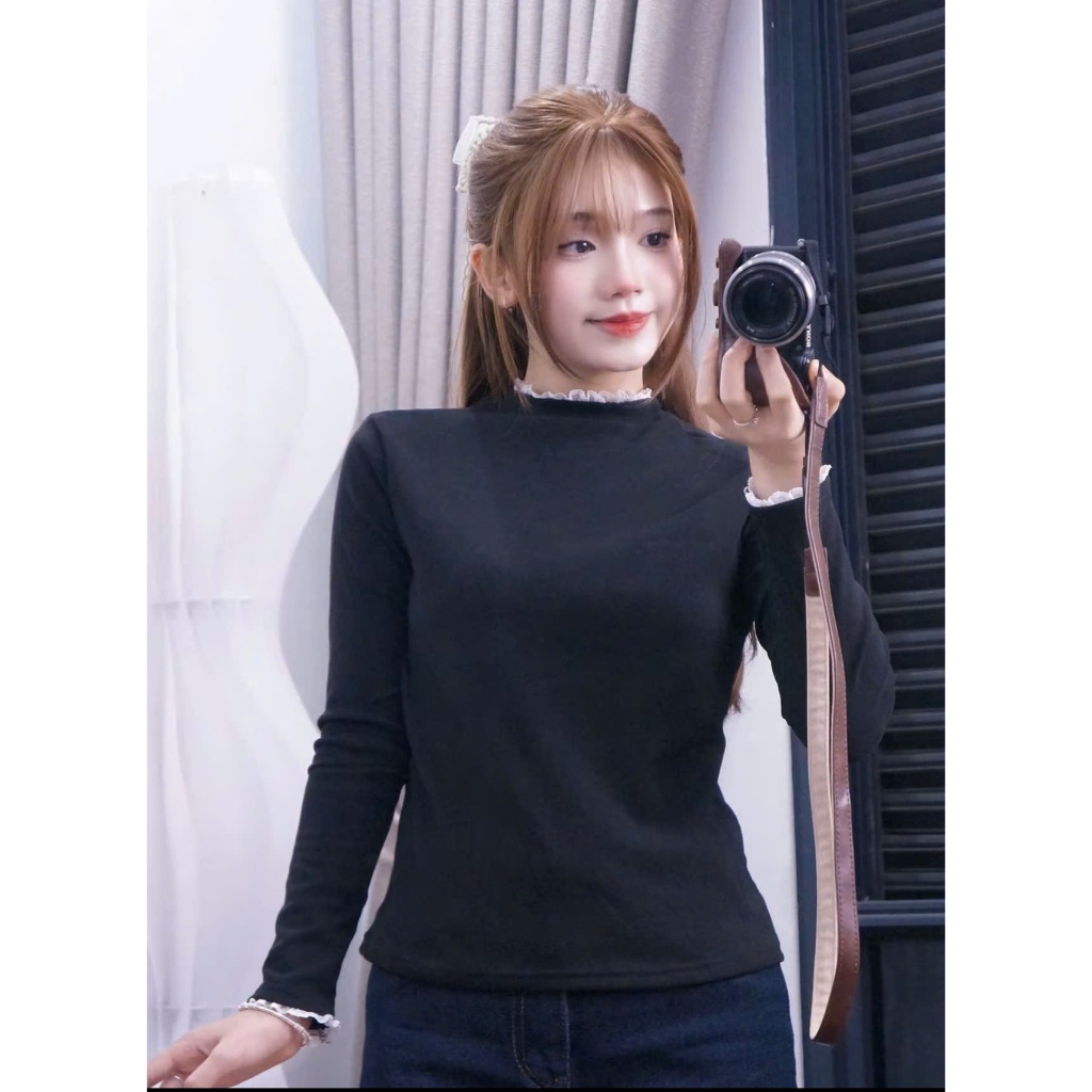 Áo giữ nhiệt nữ phối ren điệu đà áo thun nữ cổ tròn dài tay nhiều màu basic phong cách Hàn Quốc A444 PANOSI | BigBuy360 - bigbuy360.vn
