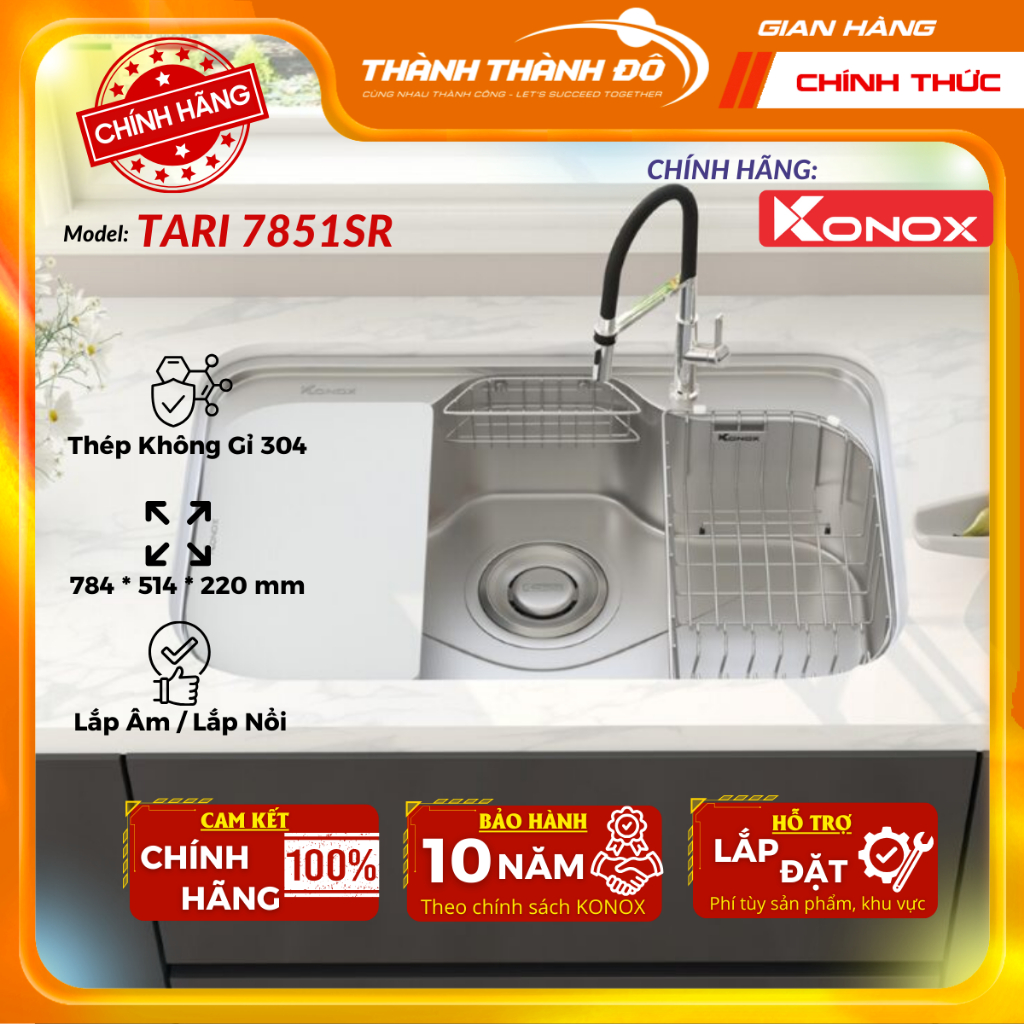 [Kèm phụ kiện] Chậu rửa bát chống xước KONOX TARI 7851SR - Phong cách Nhật - Kèm Giá úp bát inox + t