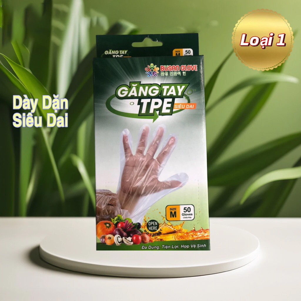 Busan, Găng tay nilon dẻo TPE Busan cao cấp, dày dặn, siêu dai, có nhám chống trơn size M (hộp 50 ch